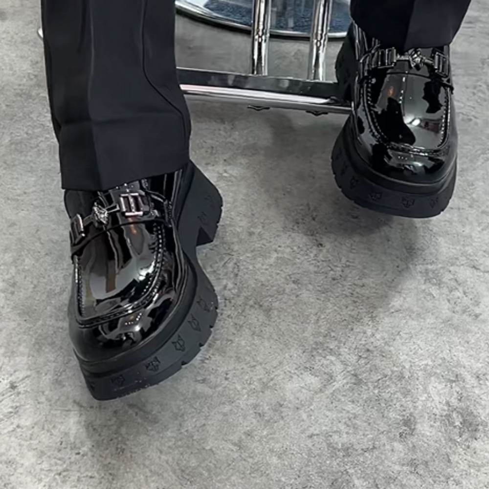 Black Patent Leather Boots with Silver Buckles