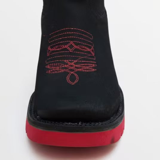 Black embroidered Chelsea Boots with red soles