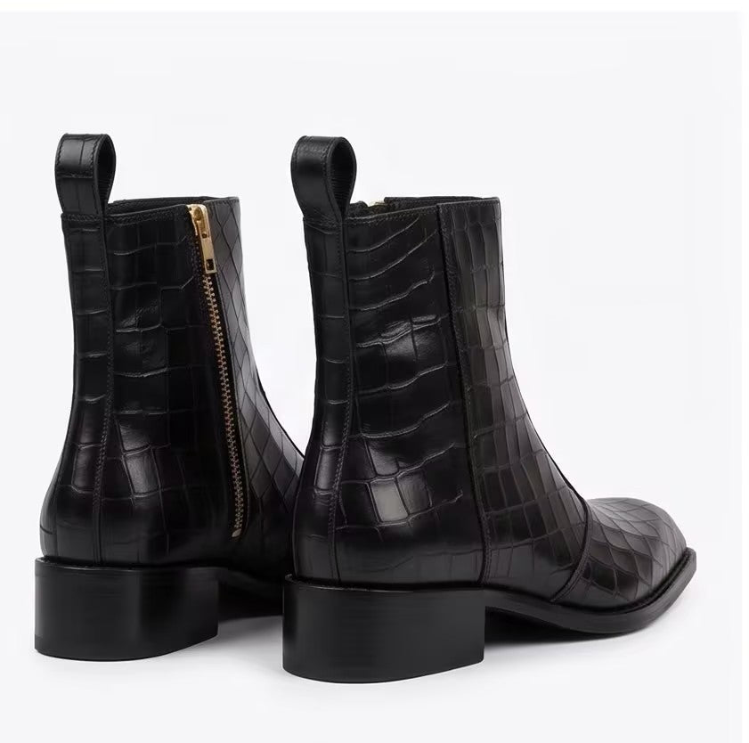 PREMIUM BLACK CROCODILE-EMBOSSED LEATHER SQUARE-TOE CHELSEA BOOTS WITH GOLD SIDE ZIPPER