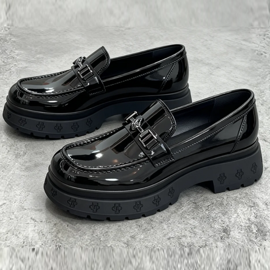 Black Patent Leather Boots with Silver Buckles