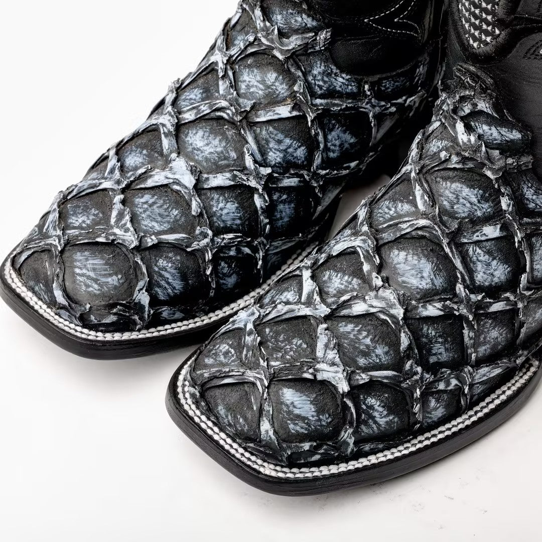 Rustic Grey Jumbo Pirarucu Leather Boots - Square Toe