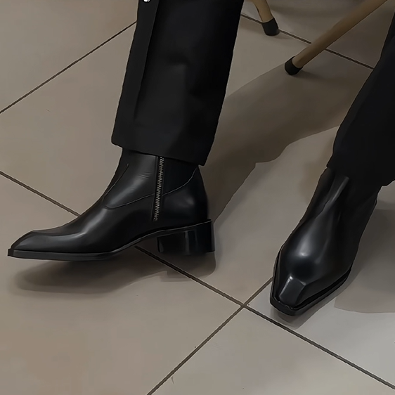 Black Leather Zipper Chelsea Boots