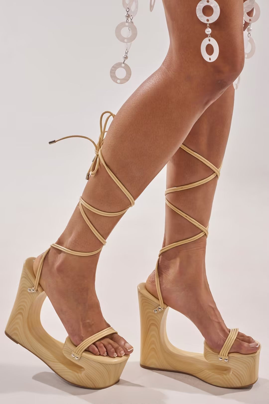 Wooden Khaki Strappy High Heels