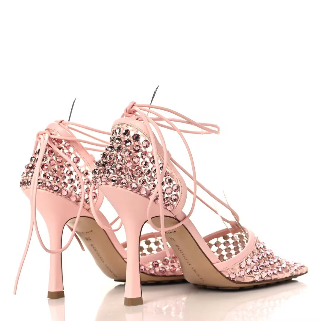 Pink Mesh Square-Toe High Heels