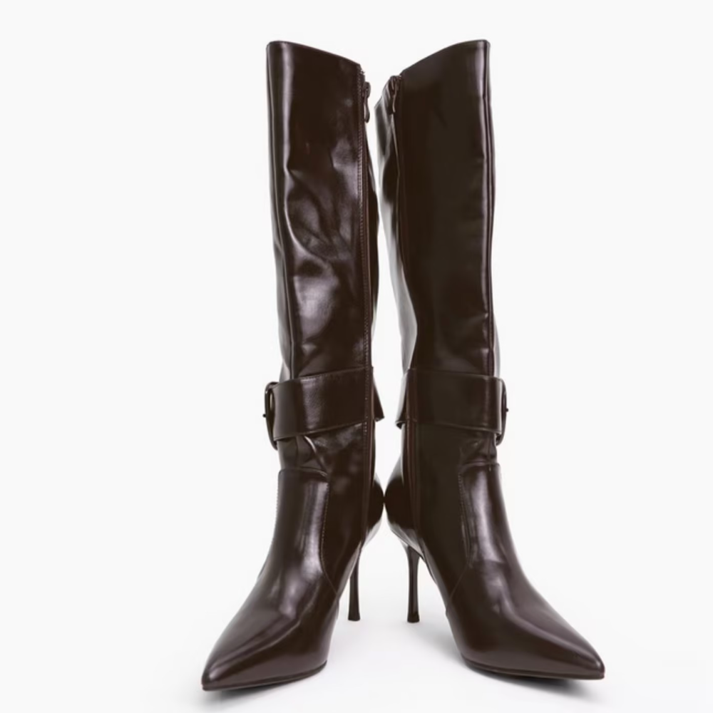 Leather High-Heeled Boots with Metal Buckles