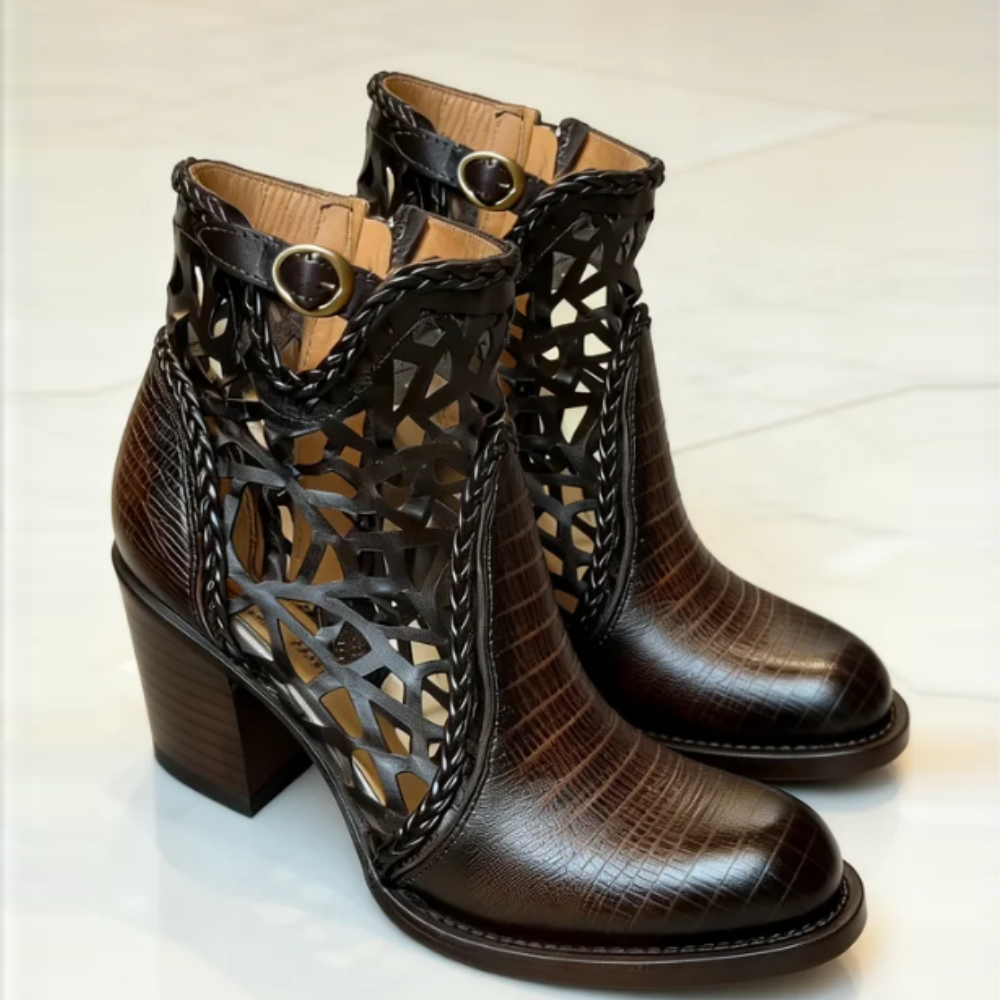 Women's Leather Openwork High-Heel Boots