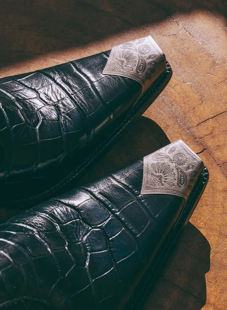 BLACK WESTERN CROC EFFECT METAL TOE BOOT