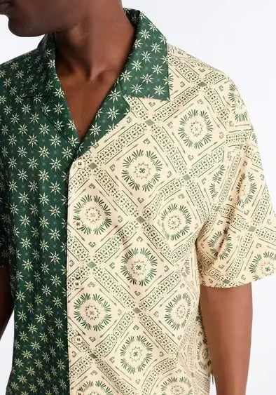Green Printed Patchwork Hawaiian Shirt