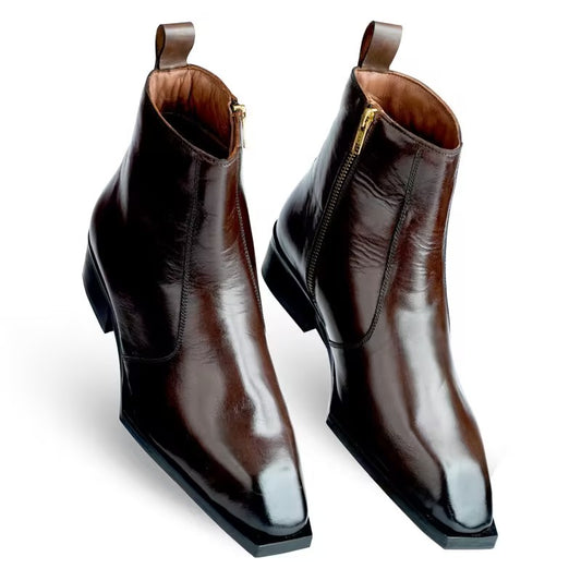 Brown Square-Toe Leather Chelsea Boots
