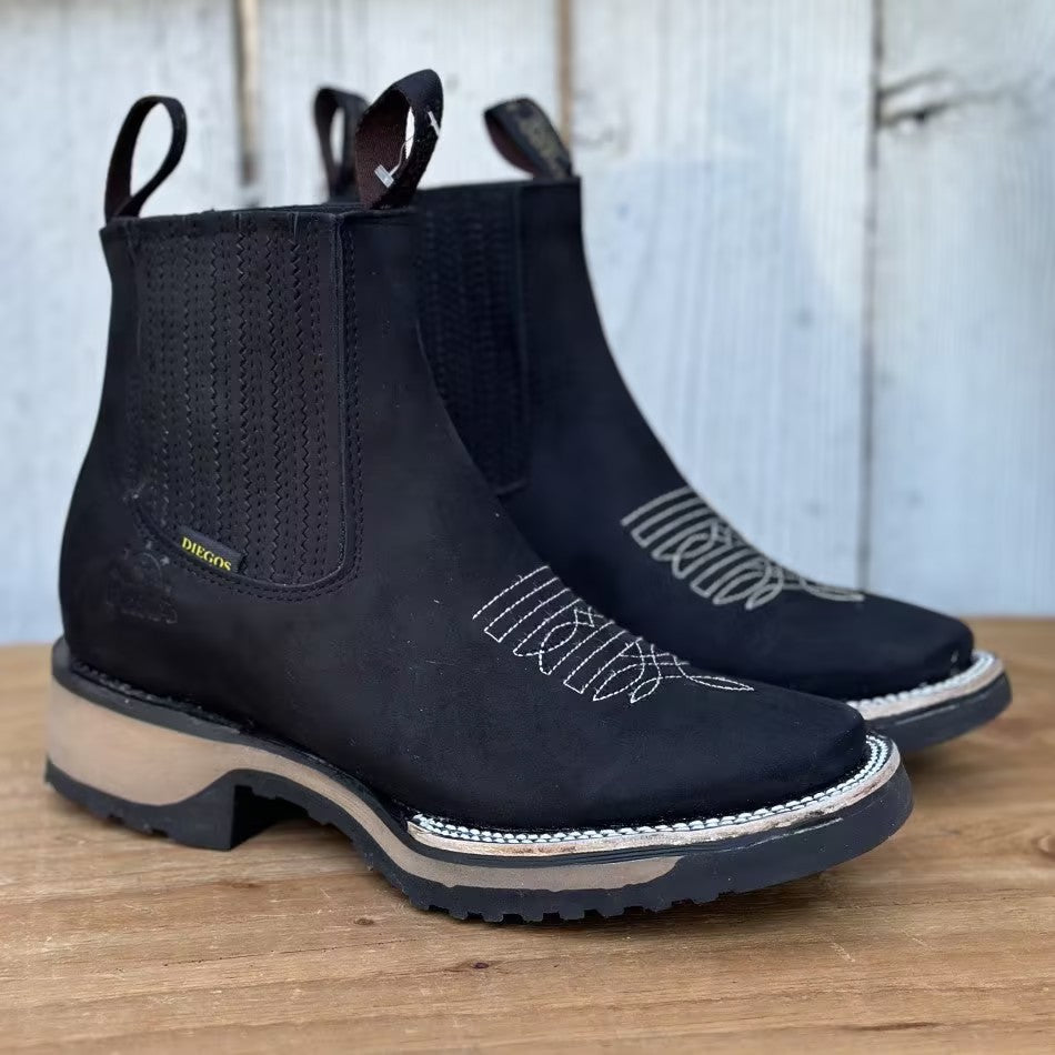 Men's Black Embroidered Slip-On Boots