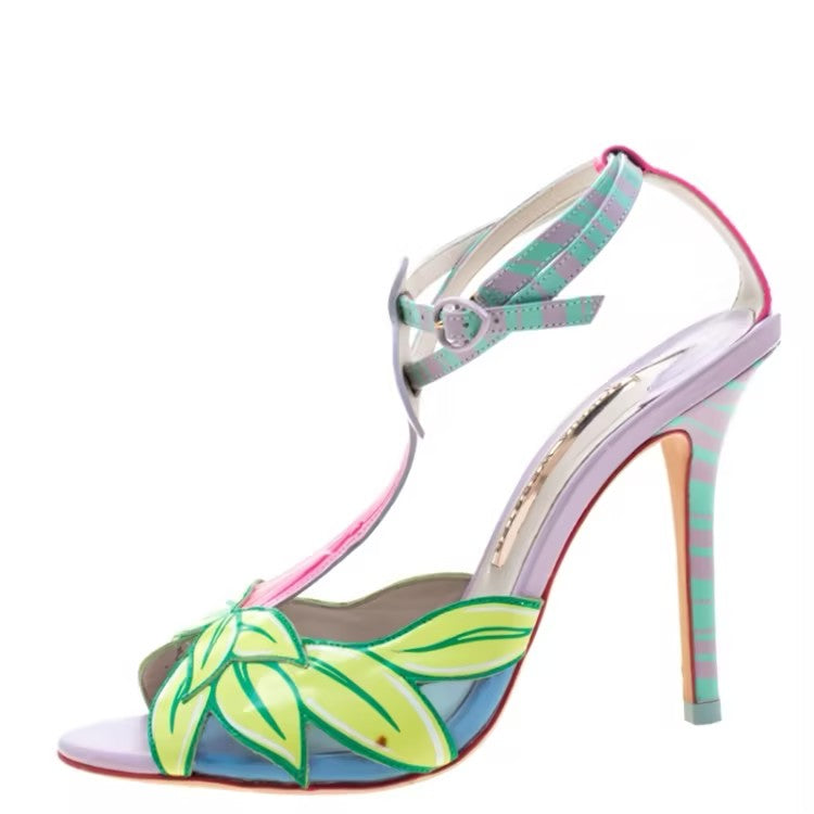 Multicolor Patent Leather Flamingo Peep Toe T Strap Sandals