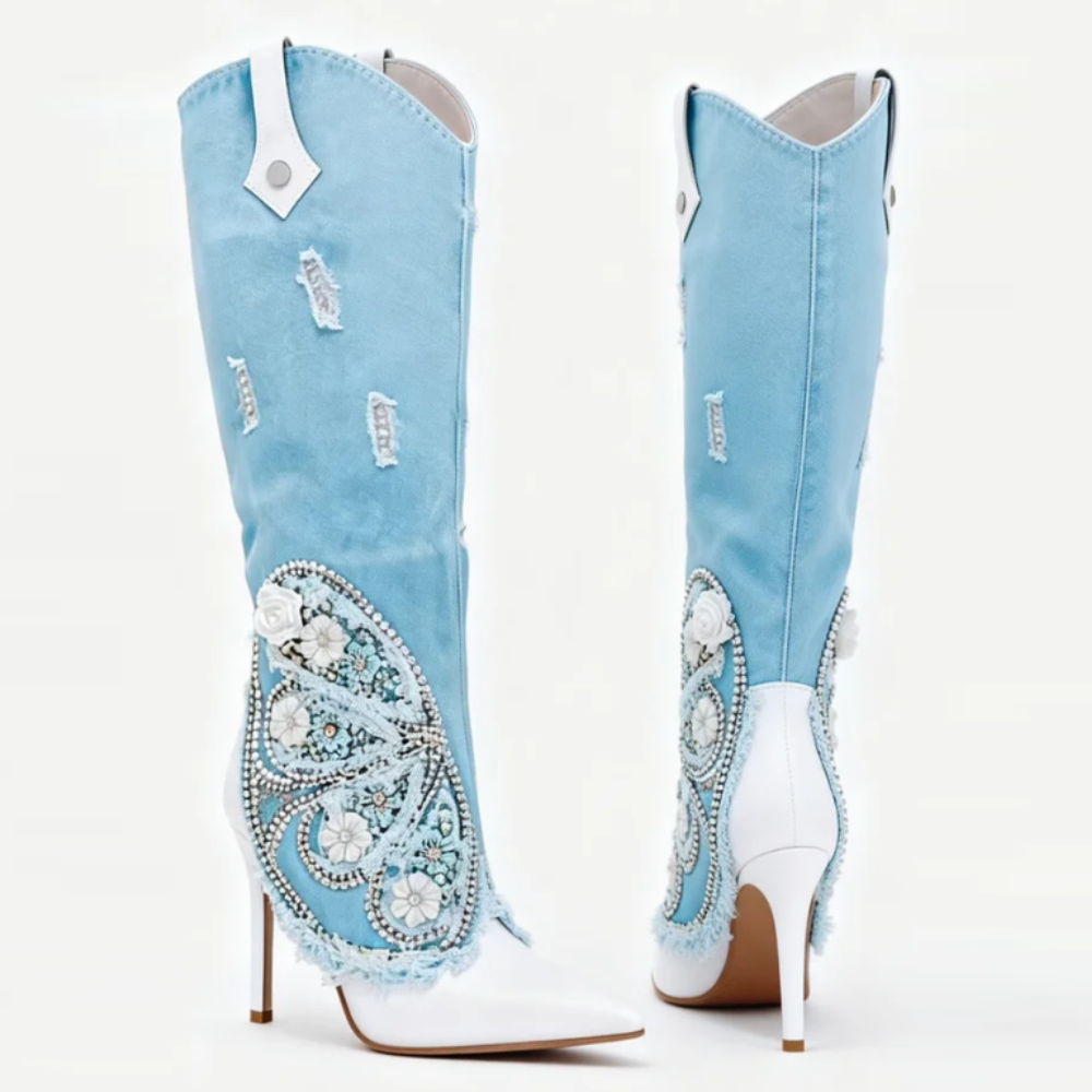 Blue Denim Rhinestone-Embellished High-Heeled Boots