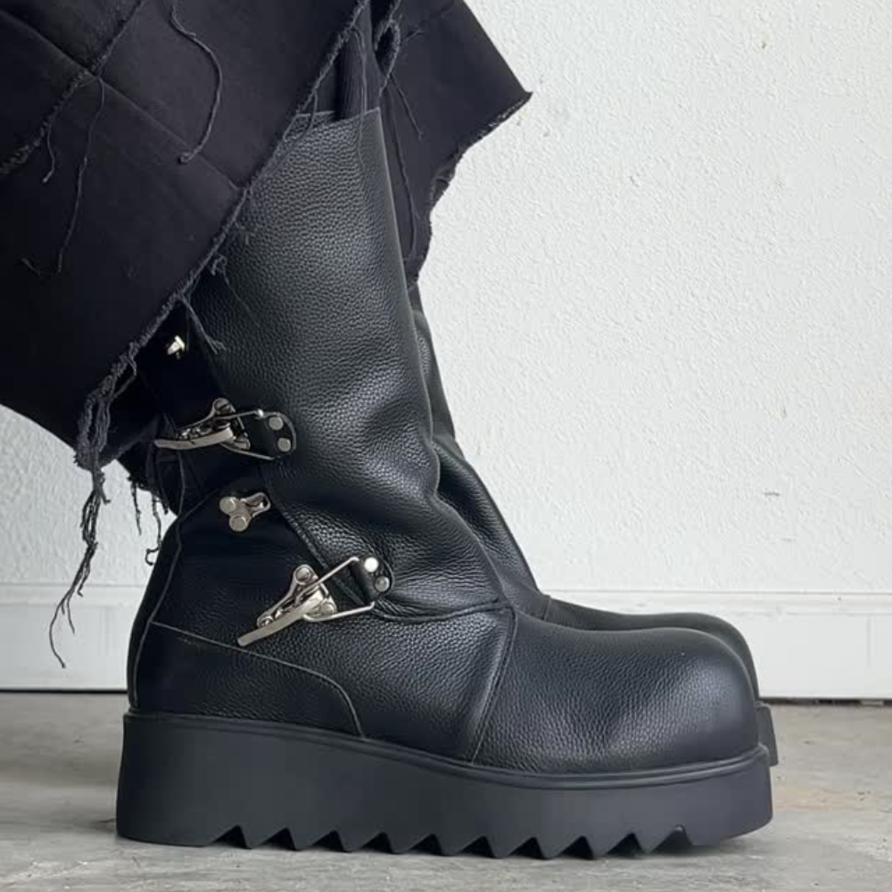 Black Leather Ankle Boots with Straps and Silver Buckles