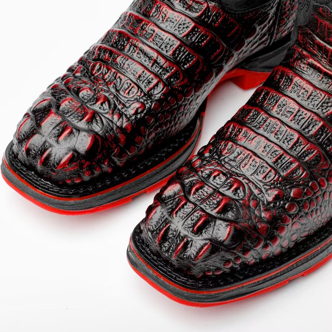 Black Cherry Caiman Neck Leather Boots With 3D Lightweight Sole - Composite Toe
