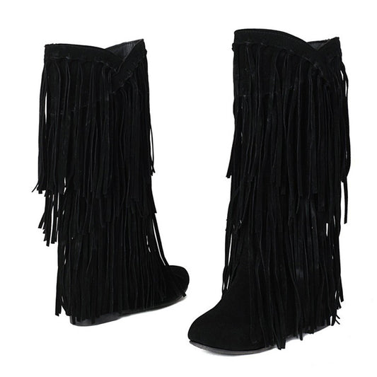 Fringe-Trimmed Knee-High Boots