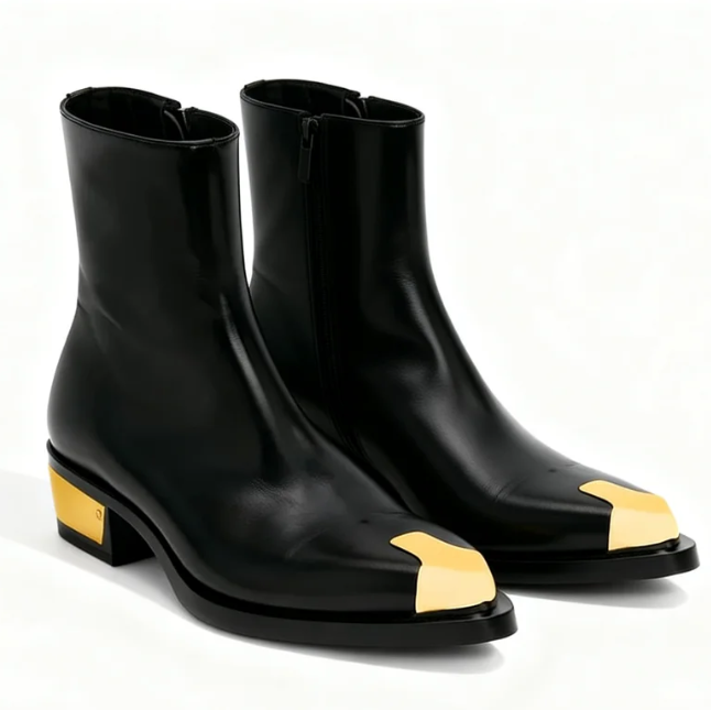 Punk Leather Boots Golden Toe Shoe
