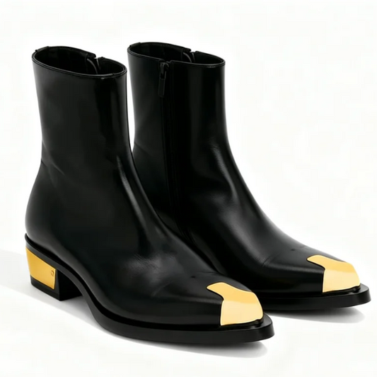 Punk Leather Boots Golden Toe Shoe