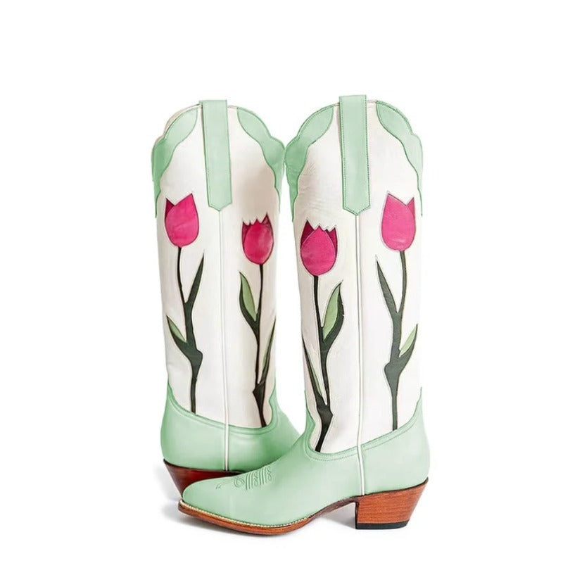 Floral-Embroidered Pointed-Toe Cowboy Boots