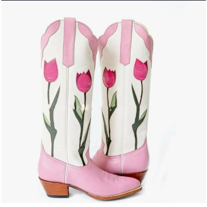 Floral-Embroidered Pointed-Toe Cowboy Boots