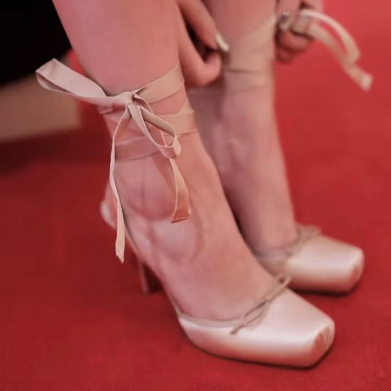 Lace-up High-Heeled Ballet Flats