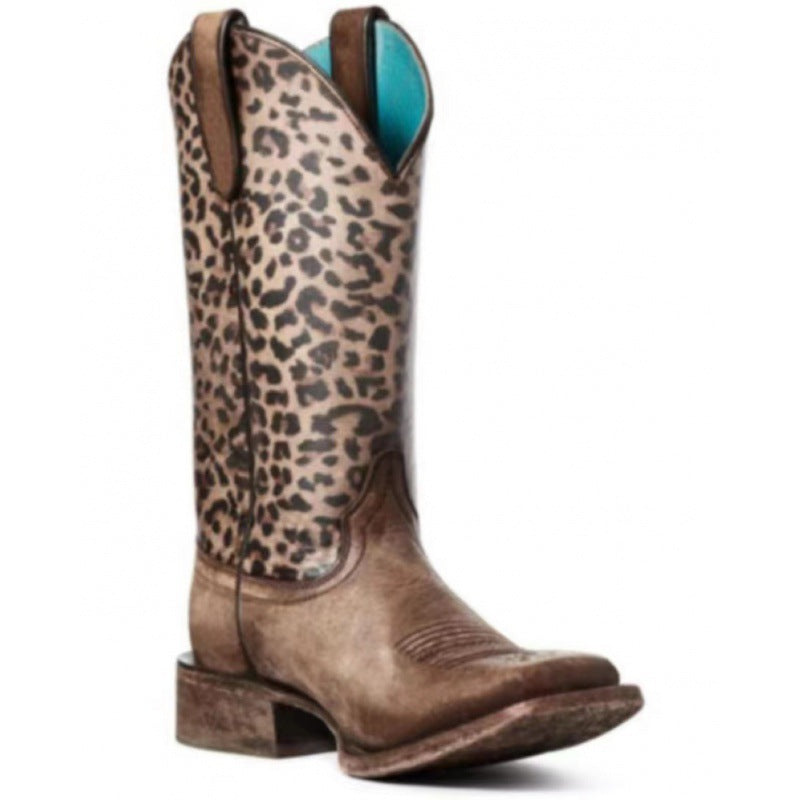 Women's Leopard-Print Patchwork Square-Toe Cowboy Boots