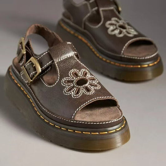 Women's Brown Leather Floral Open-Toe Sandals