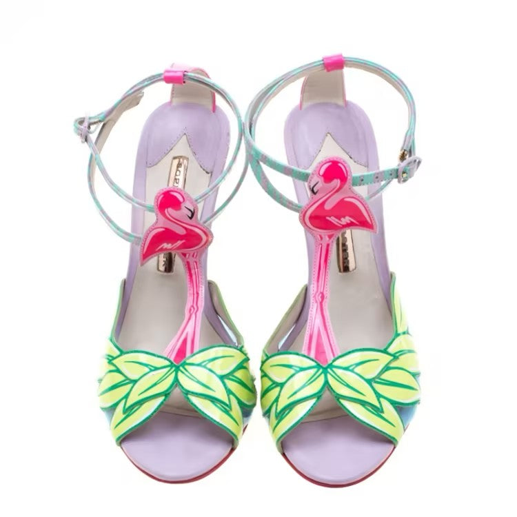 Multicolor Patent Leather Flamingo Peep Toe T Strap Sandals