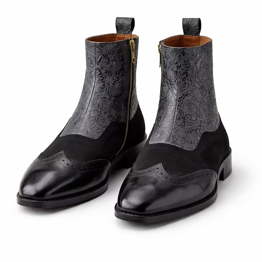 BLACK EMBOSSED LEATHER & SUEDE CHELSEA BOOTS WITH BROGUE DETAIL