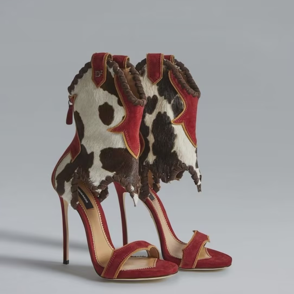 Cowprint Patchwork High-Heeled Sandals