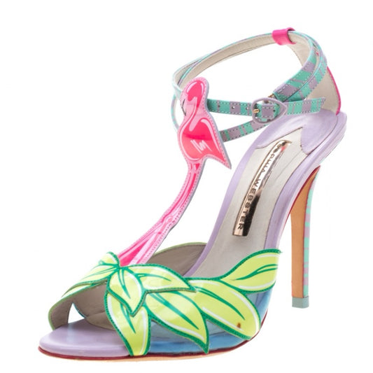 Multicolor Patent Leather Flamingo Peep Toe T Strap Sandals