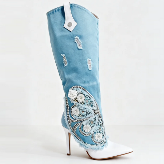 Blue Denim Rhinestone-Embellished High-Heeled Boots