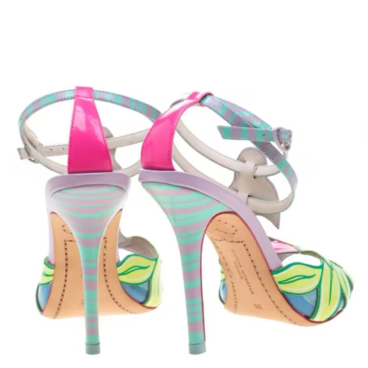 Multicolor Patent Leather Flamingo Peep Toe T Strap Sandals