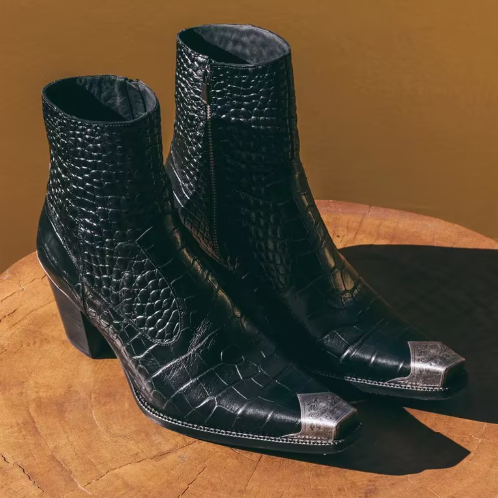 BLACK WESTERN CROC EFFECT METAL TOE  BOOT