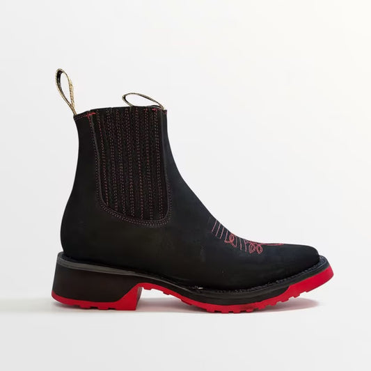 Black embroidered Chelsea Boots with red soles