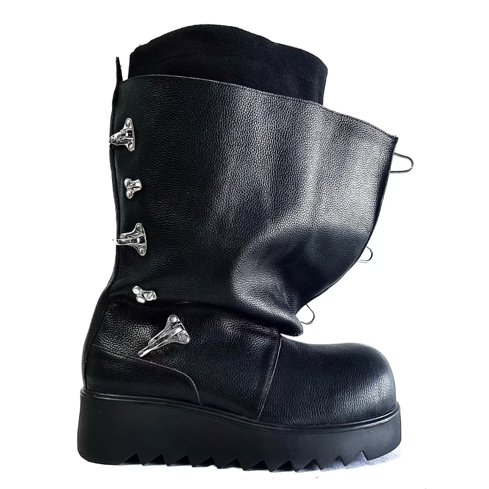 Black Leather Ankle Boots with Straps and Silver Buckles