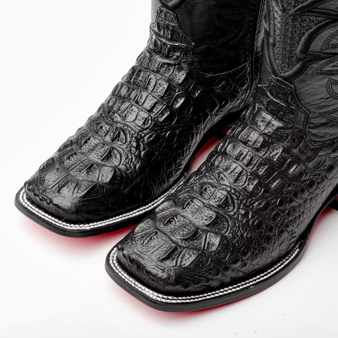 Black Caiman Neck Leather Boots - Square Toe