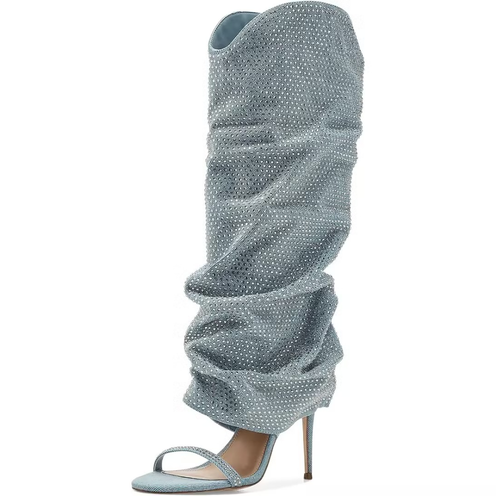 Blue Rhinestone Knee-High Open-Toe Boots