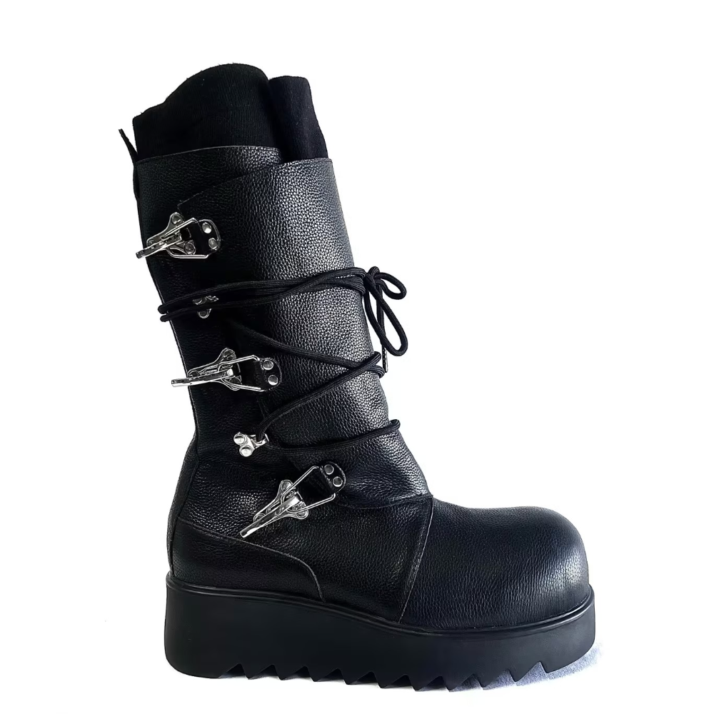 Black Leather Ankle Boots with Straps and Silver Buckles