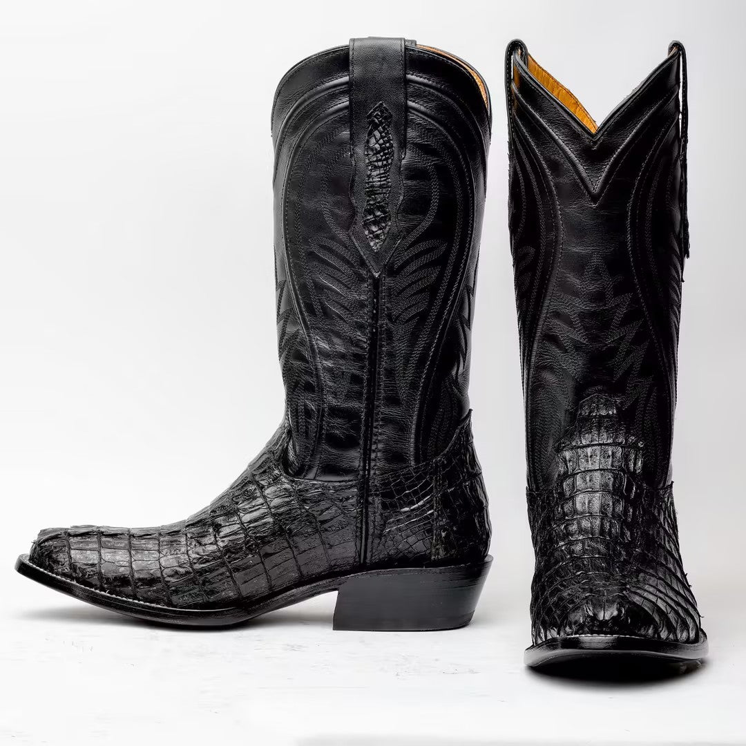 Black GENUINE Caiman Tail Boots - French Toe