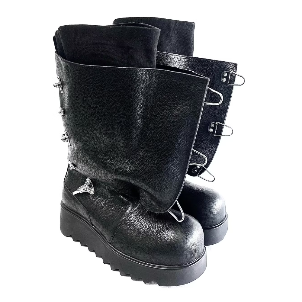 Black Leather Ankle Boots with Straps and Silver Buckles