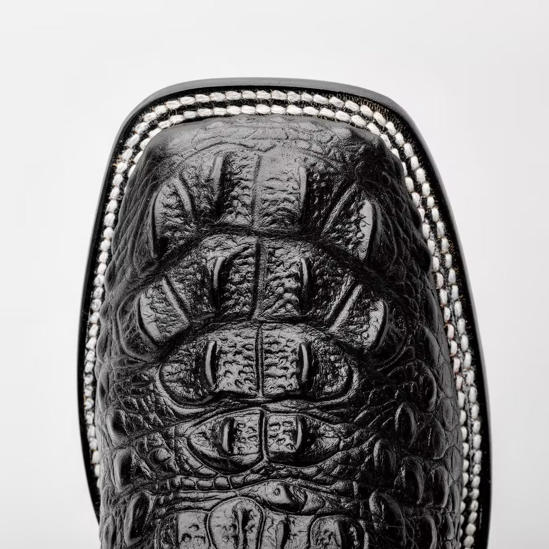 Black Caiman Neck Leather Boots - Square Toe