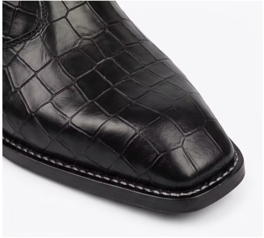 PREMIUM BLACK CROCODILE-EMBOSSED LEATHER SQUARE-TOE CHELSEA BOOTS WITH GOLD SIDE ZIPPER