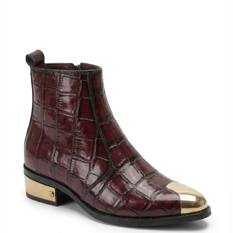 Red Crocodile Leather Chelsea Boots with Gold Tips