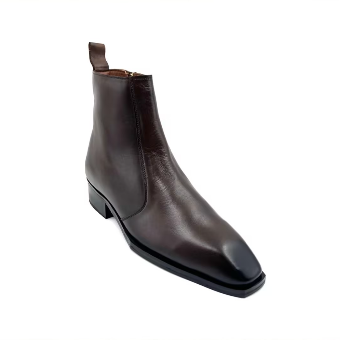 Brown Leather Square-Toe Zipper Chelsea Boots