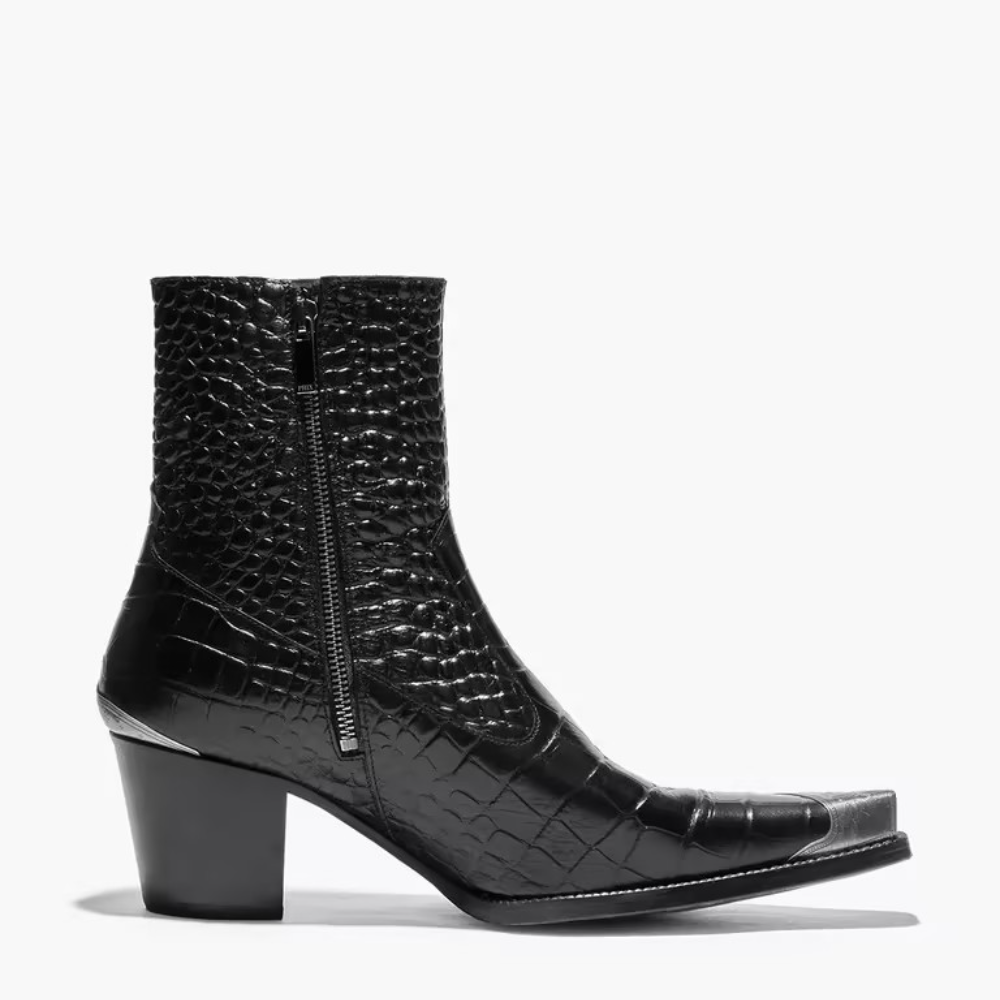 BLACK WESTERN CROC EFFECT METAL TOE  BOOT