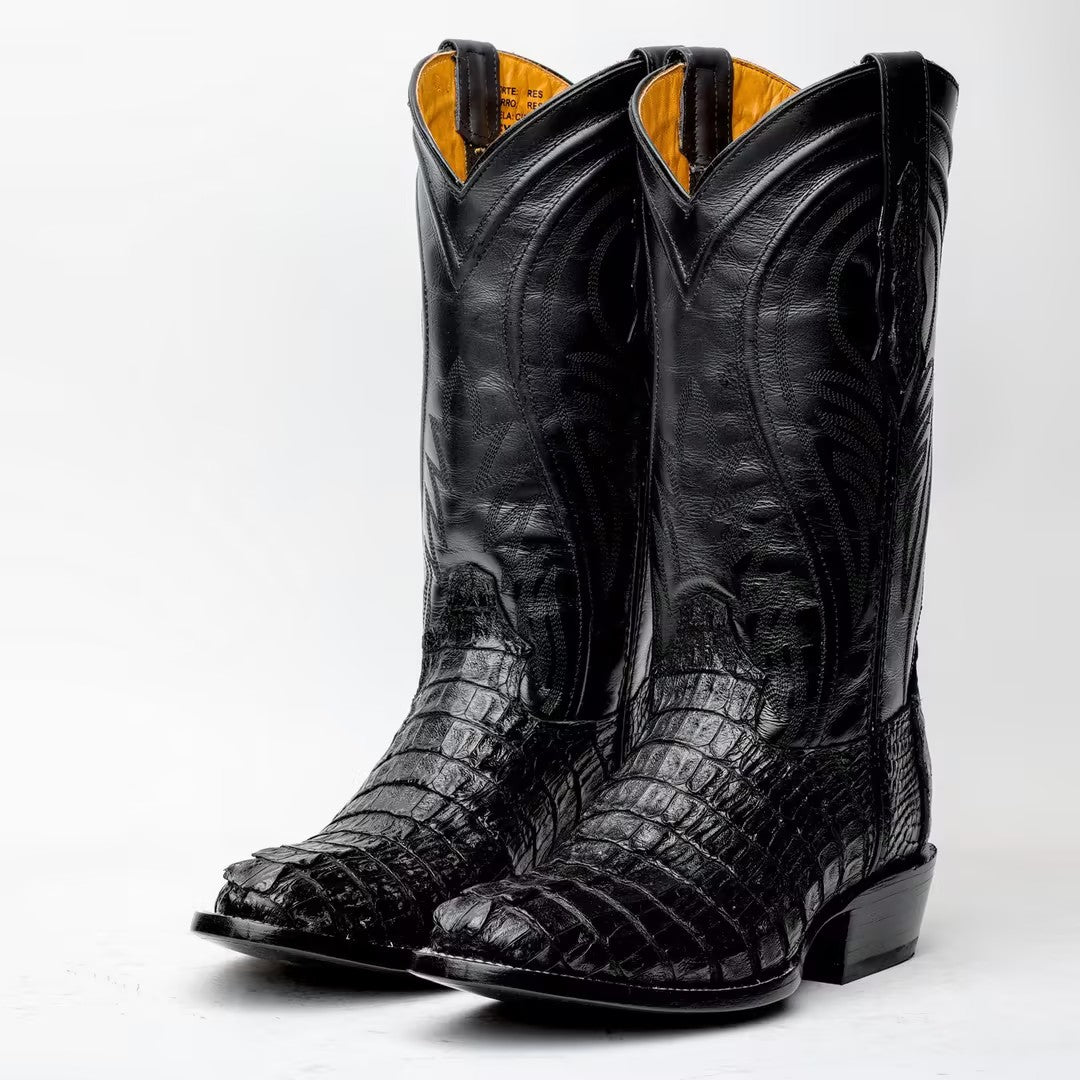 Black GENUINE Caiman Tail Boots - French Toe
