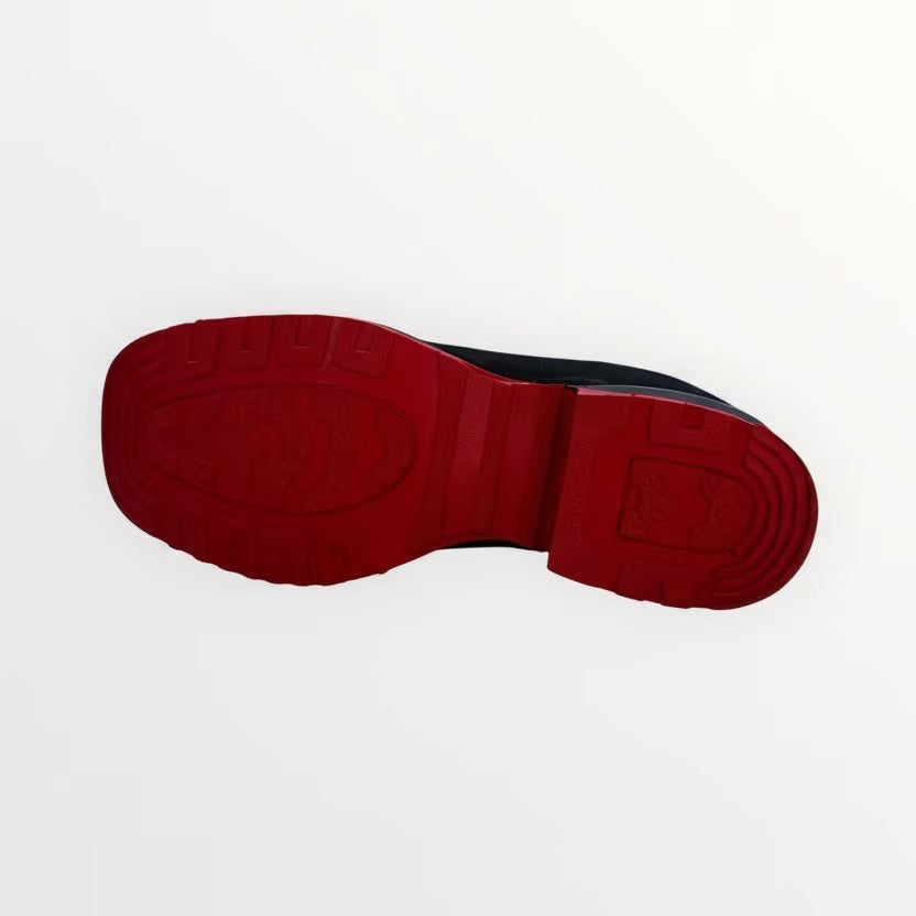 Black embroidered Chelsea Boots with red soles