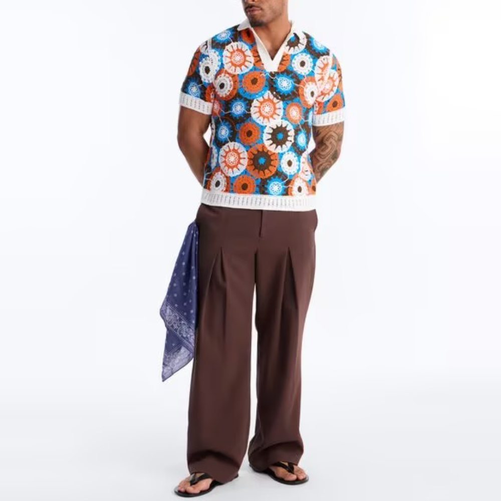Floral Crochet Johnny-Collar Polo Shirt & Brown Trousers Set