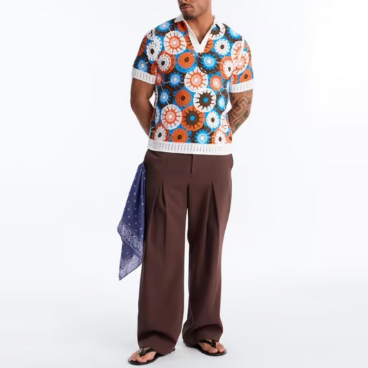 Floral Crochet Johnny-Collar Polo Shirt & Brown Trousers Set