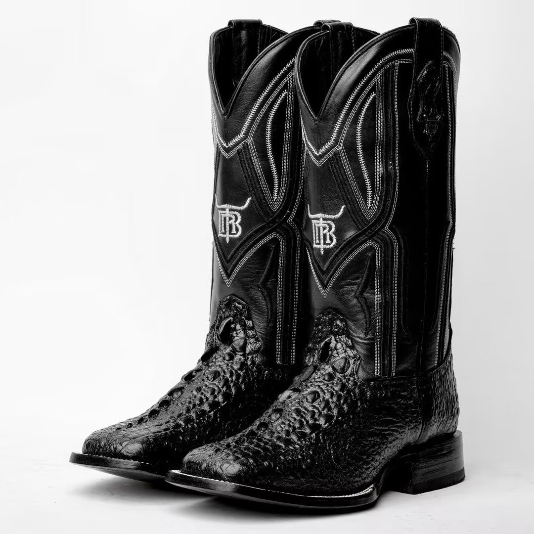 Black Snapping Turtle Leather Boots - Square Toe